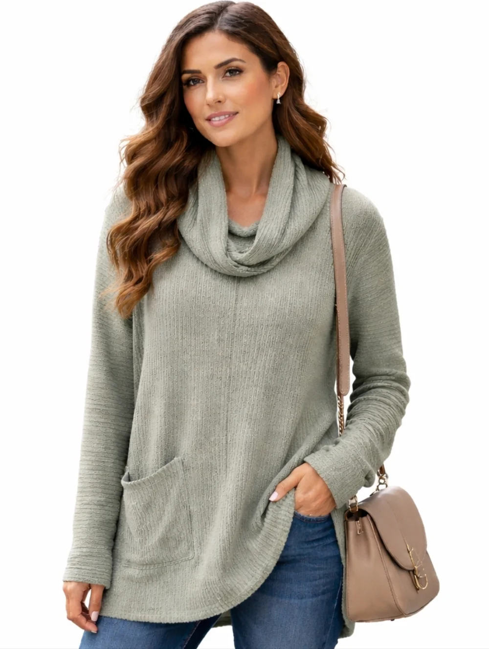 One World Tunic Sweater Sage Green Size XL Ribbed Cowl Neck Cozy Casual Everyday